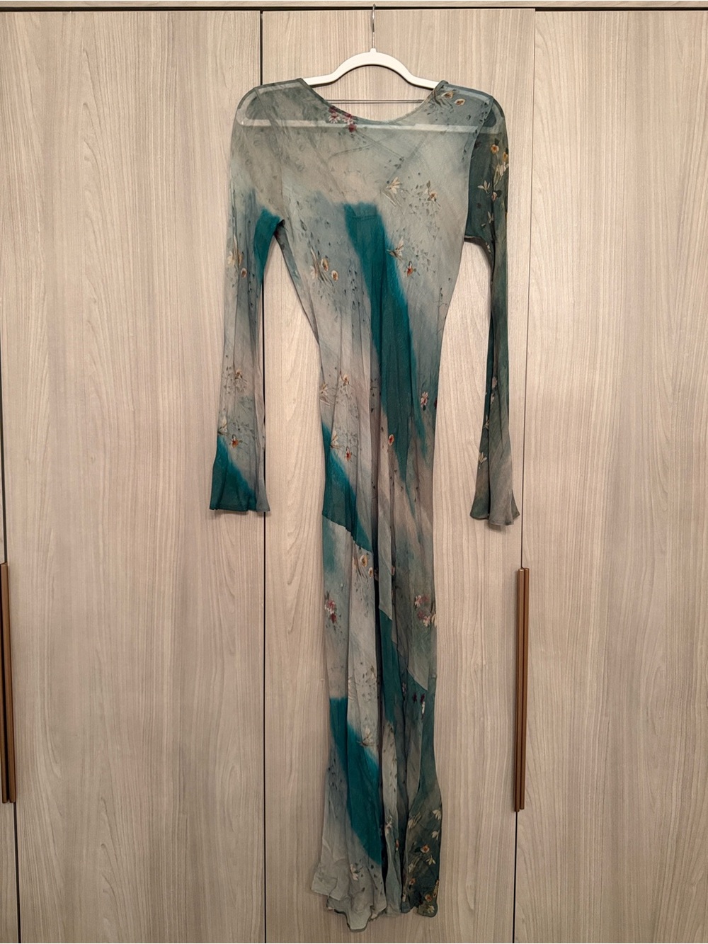 Zara Sheer Teal and Light Gray Floral Maxi Dress